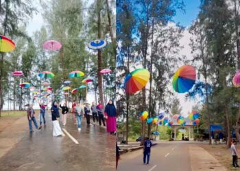 Dinas Pariwisata SBT Percantik Pantai Gumumae Bula dengan Payung Warna-Warni