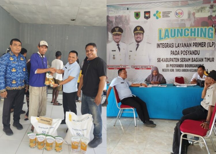 Plt Kepala Dinas Ketahanan Pangan SBT Nofel Alkatiri bersama staf memantau penyaluran bantuan Cadangan Pangan Pemerintah di Kecamatan Bula (Dok : Ist)